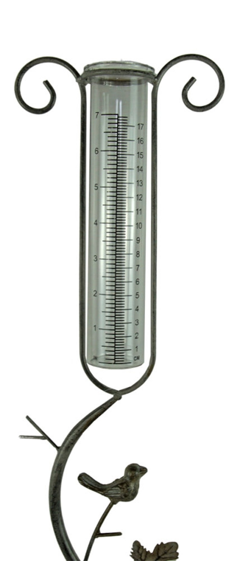 Pluviomètre avec cadre en métal blanc antique et cylindre en verre, échelle de mesure 1-17 mm, hauteur 133 cm