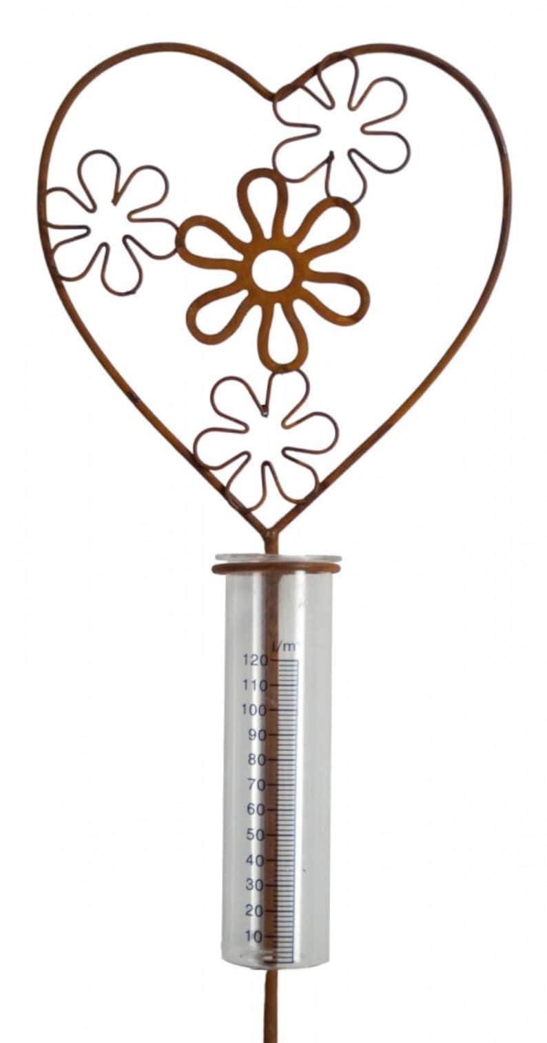 Pluviomètre avec Support Cœur en Métal Rouillé, Jauge de Pluie 10-120 l/m² pour Jardin