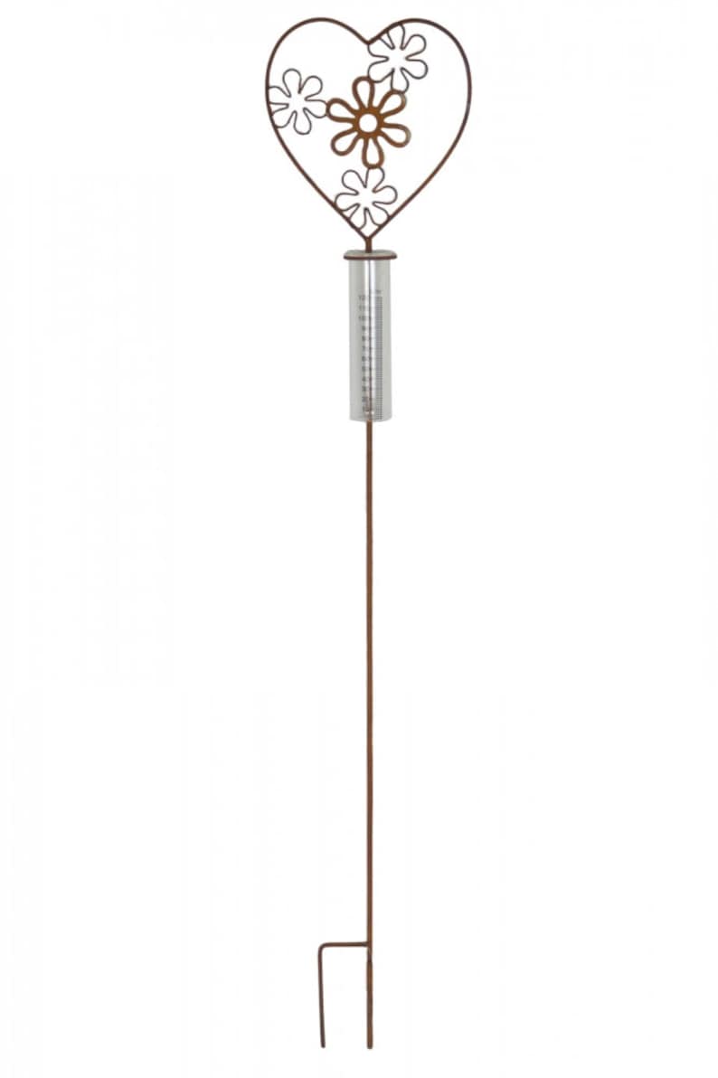 Pluviomètre avec Support Cœur en Métal Rouillé, Jauge de Pluie 10-120 l/m² pour Jardin