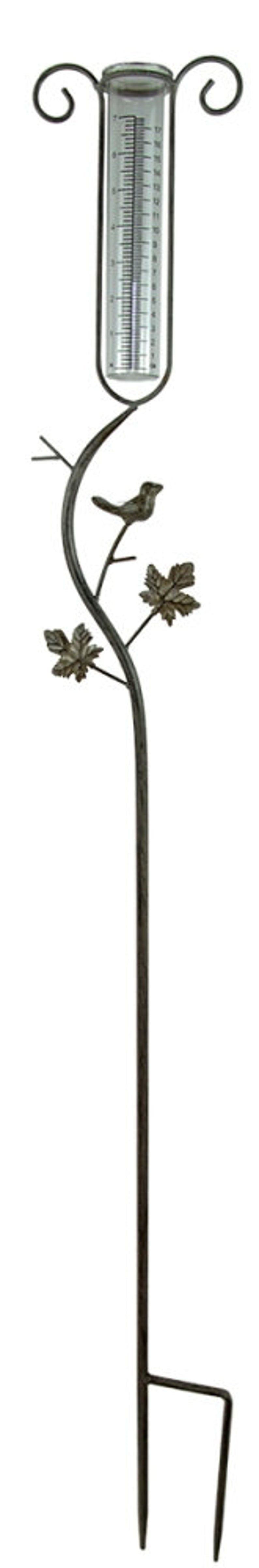 Pluviomètre avec cadre en métal blanc antique et cylindre en verre, échelle de mesure 1-17 mm, hauteur 133 cm