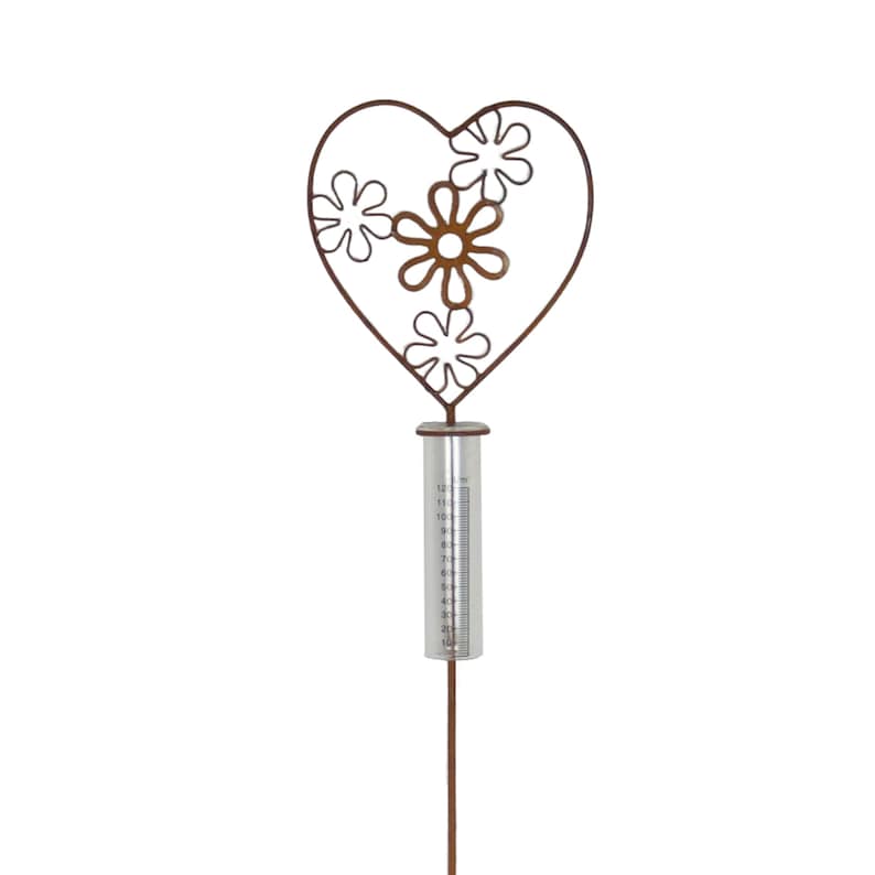 Pluviomètre avec Support Cœur en Métal Rouillé, Jauge de Pluie 10-120 l/m² pour Jardin