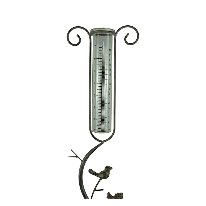 Pluviomètre avec cadre en métal blanc antique et cylindre en verre, échelle de mesure 1-17 mm, hauteur 133 cm