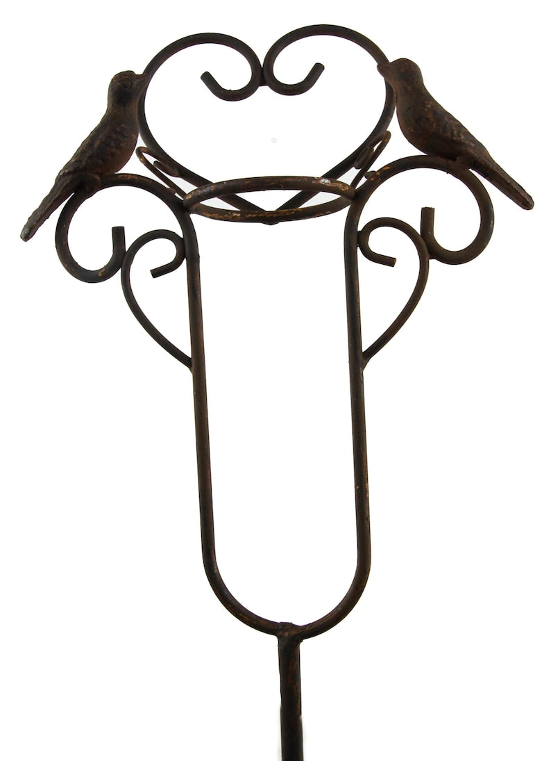 Pluviomètre de Jardin avec Oiseaux et Cœur, Métal Laqué Brun, 114 cm