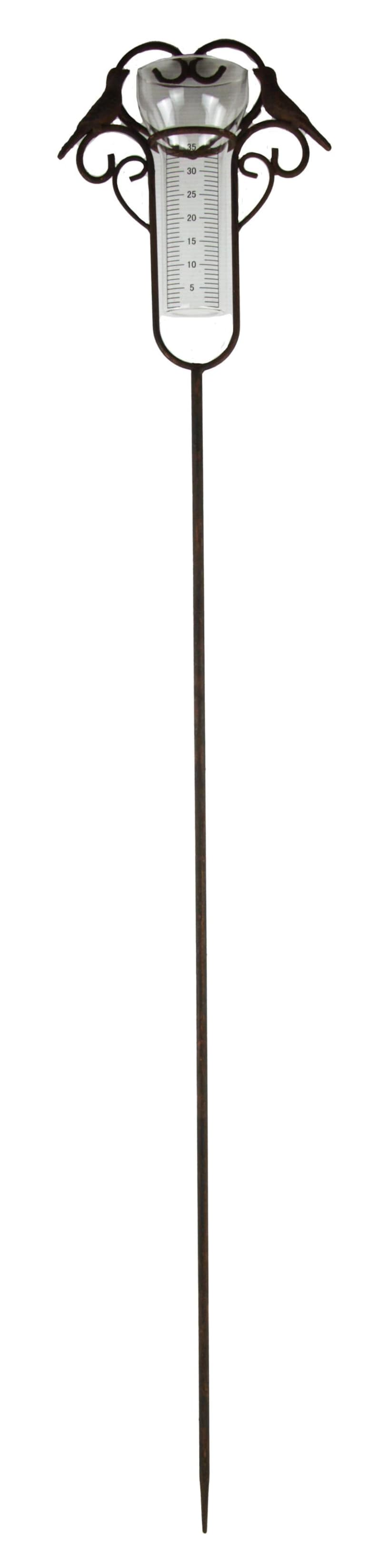 Pluviomètre de Jardin avec Oiseaux et Cœur, Métal Laqué Brun, 114 cm