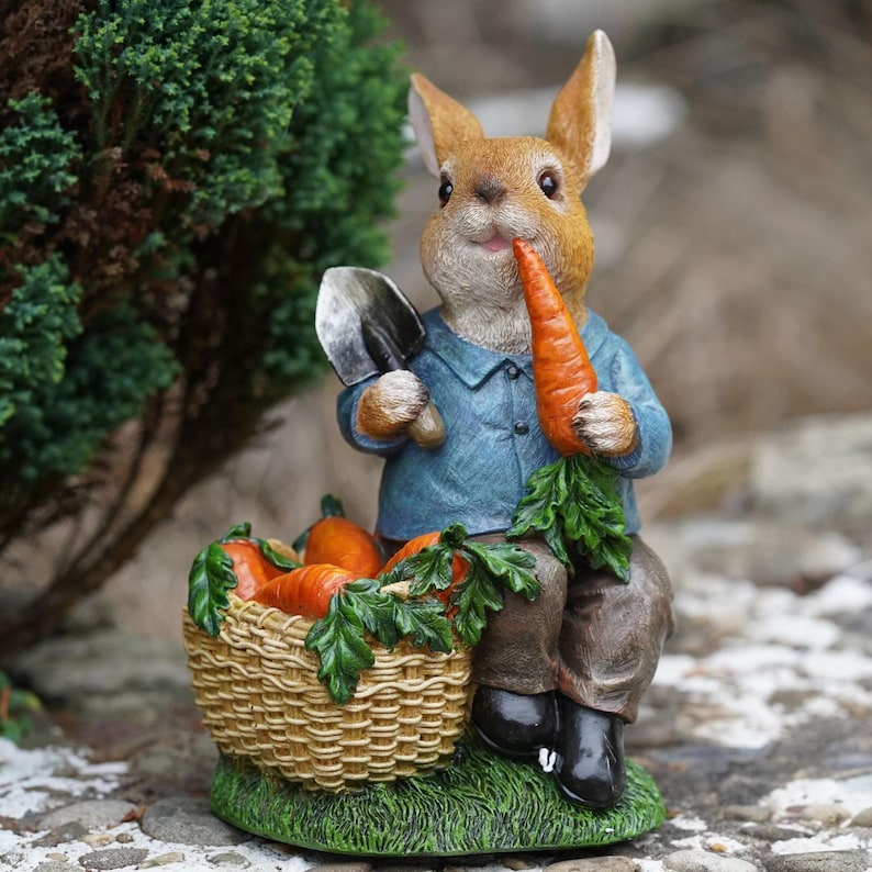 Hungry Bunny Sculpture en résine, Lapin Pierre Statue pour Jardin, Décoration Extérieure, 26 cm