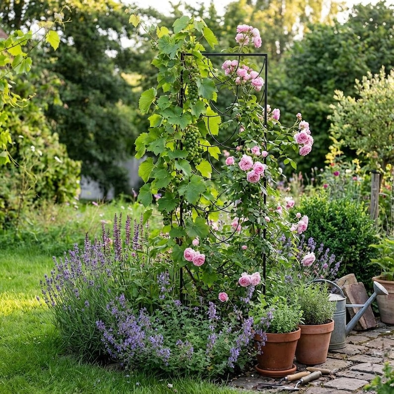 Support de plante en métal pour plantes grimpantes, obélisque de jardin, acier avec revêtement en poudre noir, 200 cm de hauteur