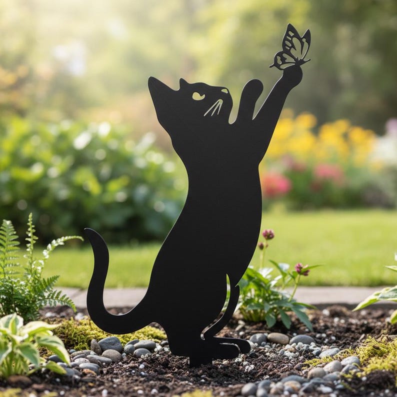 Chat Métal Piquet Jardin Décoration, Tuteur en Métal pour Plantes, Art Déco Extérieur Rustique