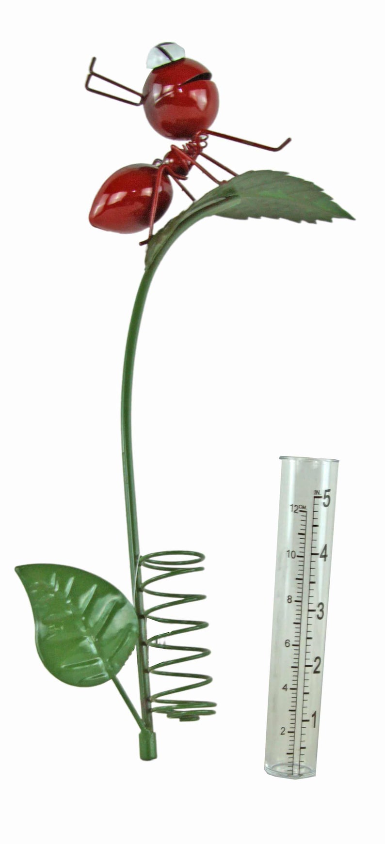 Pluviomètre de Jardin avec Piquet, Fourmi Rouge sur Feuille Verte, Métal Résistant aux Intempéries, Double Échelle