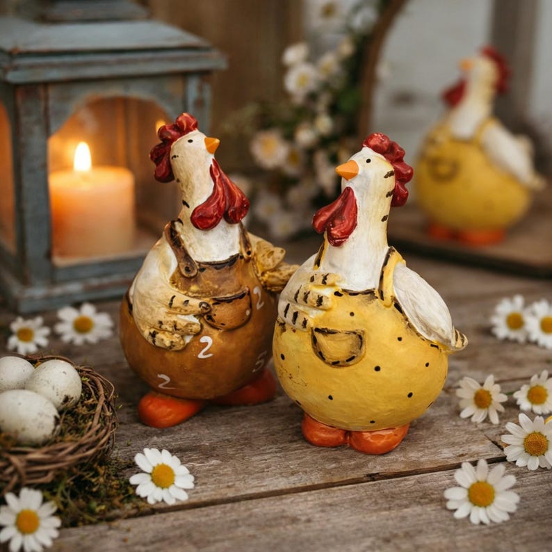 Duo Poule et Coq en Résine Peints à la Main, Figurines de Ferme pour Décoration de Cuisine, 9 cm