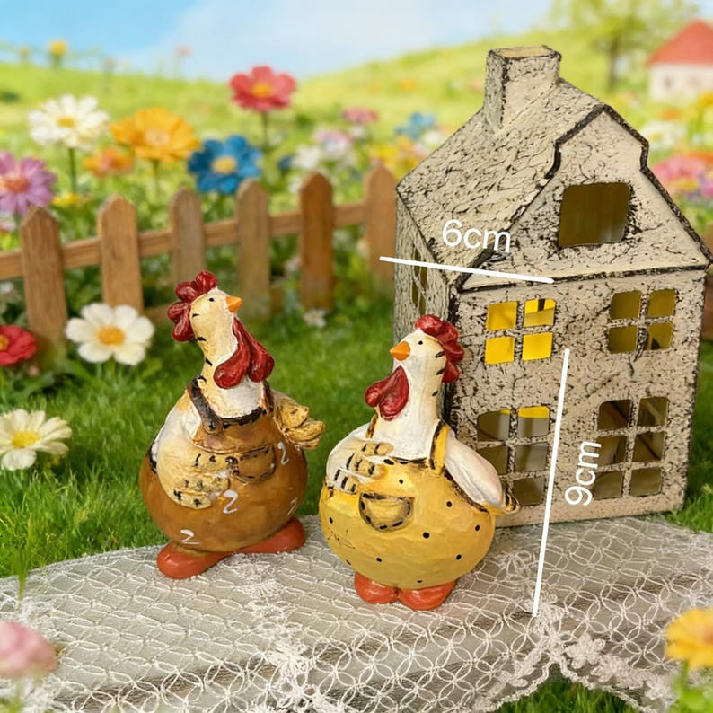 Duo Poule et Coq en Résine Peints à la Main, Figurines de Ferme pour Décoration de Cuisine, 9 cm