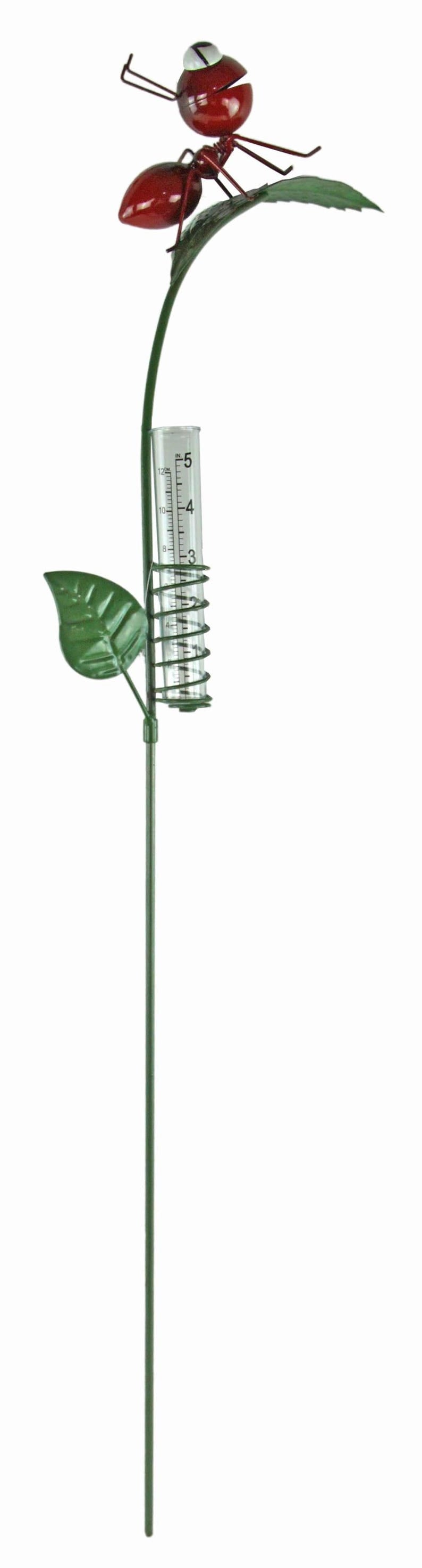 Pluviomètre de Jardin avec Piquet, Fourmi Rouge sur Feuille Verte, Métal Résistant aux Intempéries, Double Échelle