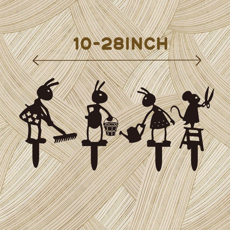 Lot de 4 piquets de jardin en métal Fourmi et Souris, Décoration Extérieur, Résistant aux Intempéries
