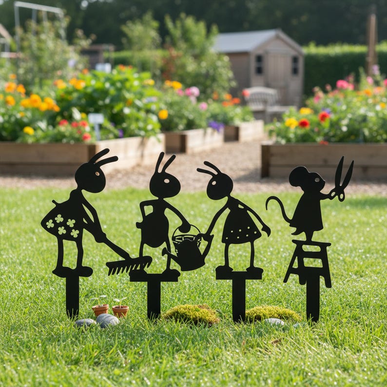 Lot de 4 piquets de jardin en métal Fourmi et Souris, Décoration Extérieur, Résistant aux Intempéries