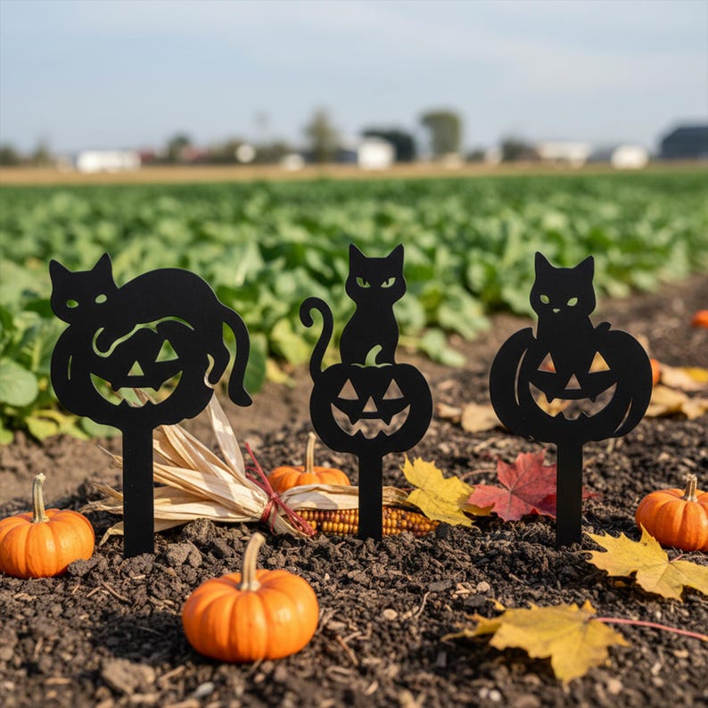 Pieu de jardin Halloween chat et citrouille en métal, décoration extérieure silhouette, 25-70 cm