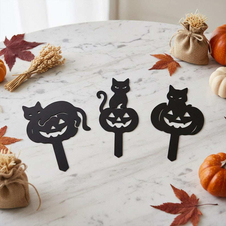 Pieu de jardin Halloween chat et citrouille en métal, décoration extérieure silhouette, 25-70 cm