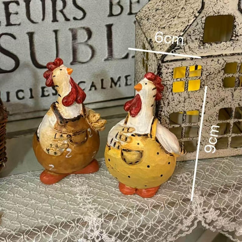 Duo Poule et Coq en Résine Peints à la Main, Figurines de Ferme pour Décoration de Cuisine, 9 cm