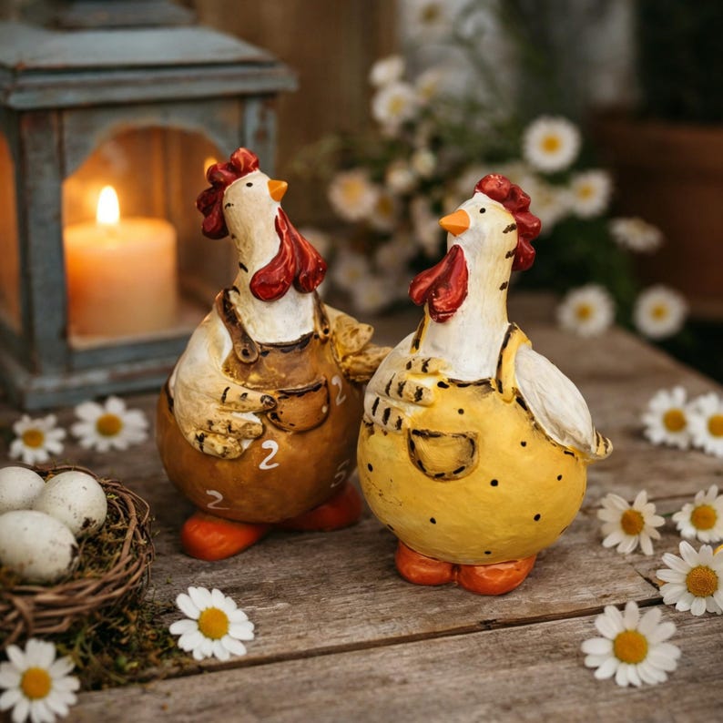 Duo Poule et Coq en Résine Peints à la Main, Figurines de Ferme pour Décoration de Cuisine, 9 cm
