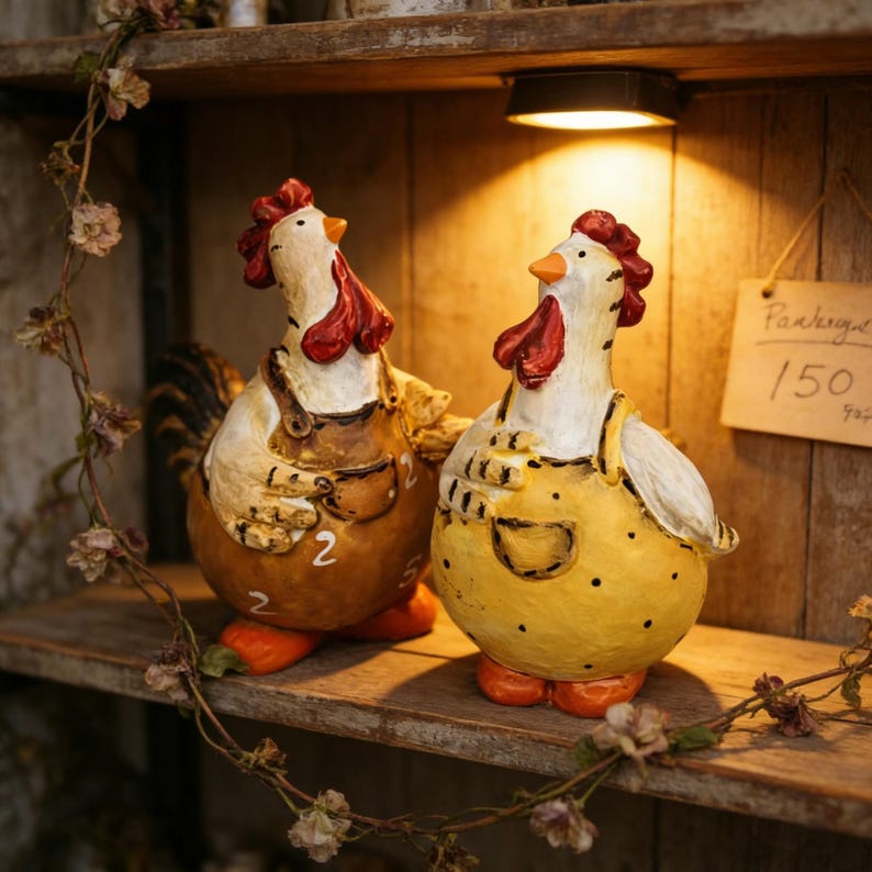 Duo Poule et Coq en Résine Peints à la Main, Figurines de Ferme pour Décoration de Cuisine, 9 cm
