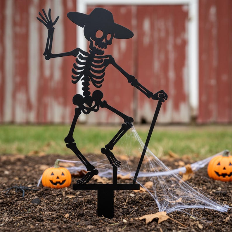 Piquet de jardin squelette dansant en métal, décoration extérieure Halloween, 10 tailles de 25 à 70 cm, finition résistante aux intempéries
