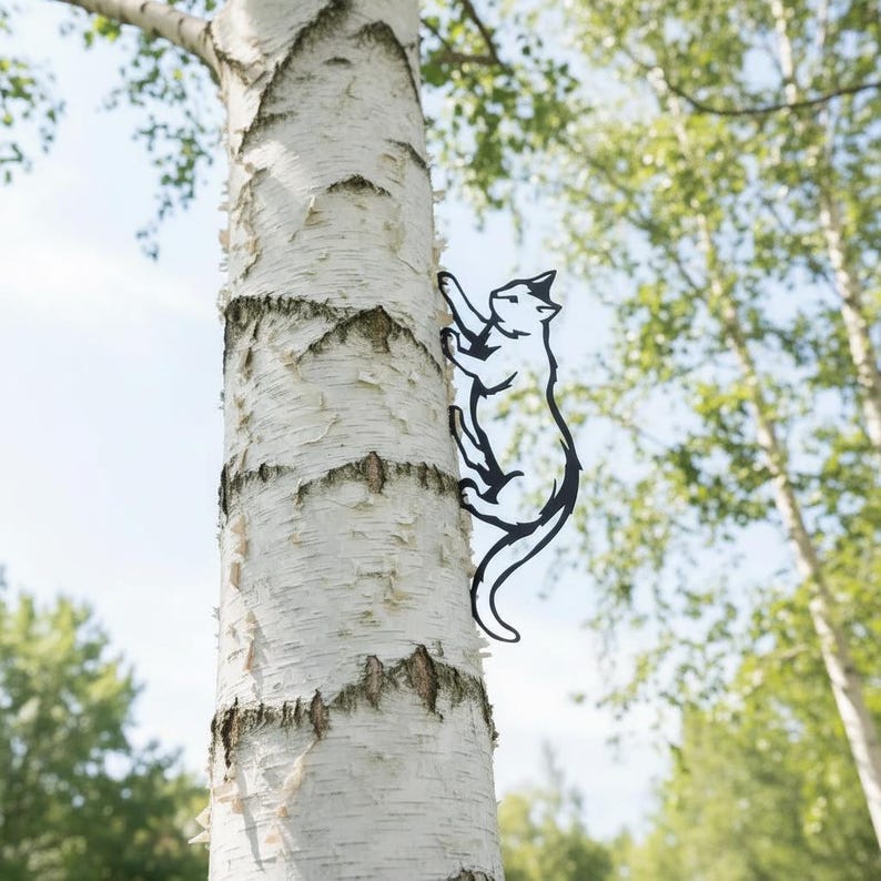 Chat Grimpant en Métal Décoration de Jardin pour Arbre et Clôture, Silhouette de Chat, Art de Clôture Extérieur pour Amoureux des Chats