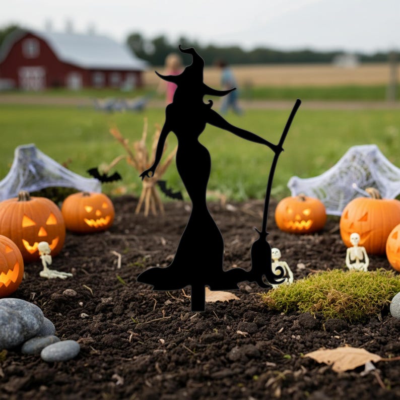 Silhouette de Sorcière Piquet de Jardin Résistant aux Intempéries avec Balai Décoration Halloween Extérieure