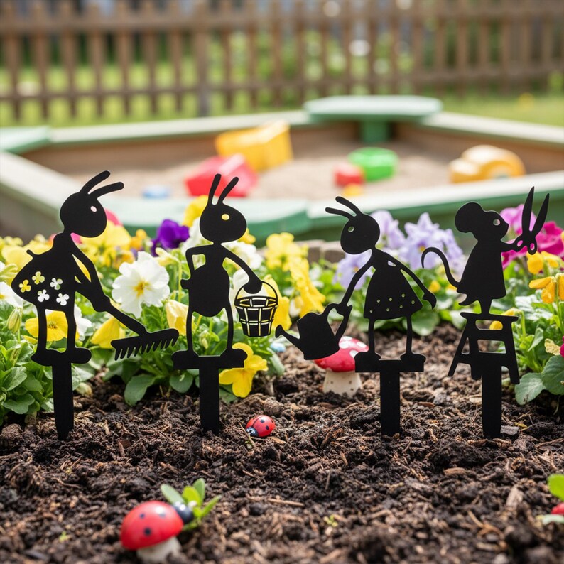 Lot de 4 piquets de jardin en métal Fourmi et Souris, Décoration Extérieur, Résistant aux Intempéries