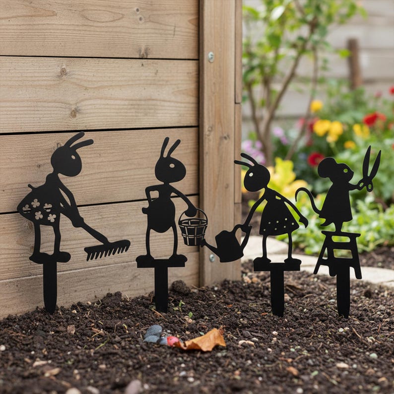Lot de 4 piquets de jardin en métal Fourmi et Souris, Décoration Extérieur, Résistant aux Intempéries