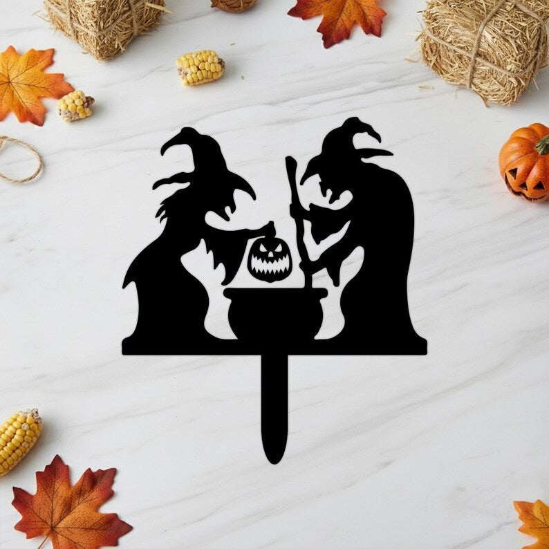 Pieu extérieur Halloween avec deux sorcières et chaudron, décoration de jardin en métal, silhouettes de sorcières, 25-70 cm