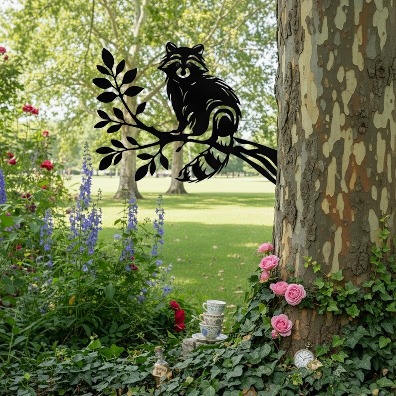 Raton laveur en métal sur branche, décoration de jardin, silhouette d'arbre pour tronc et clôture