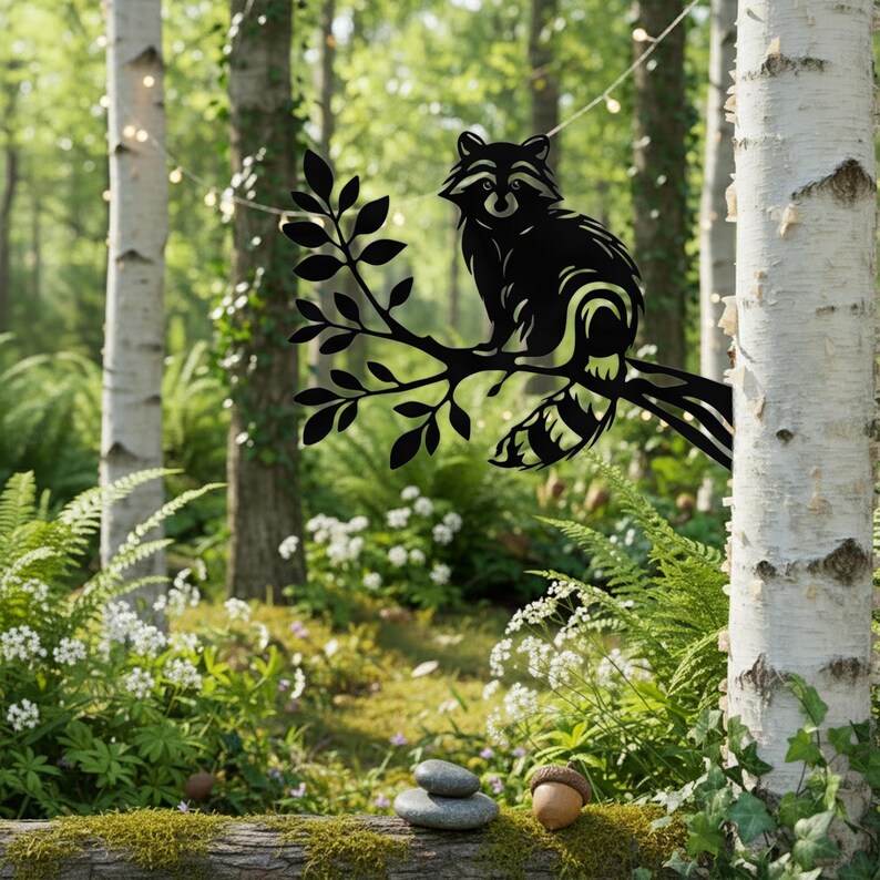 Raton laveur en métal sur branche, décoration de jardin, silhouette d'arbre pour tronc et clôture