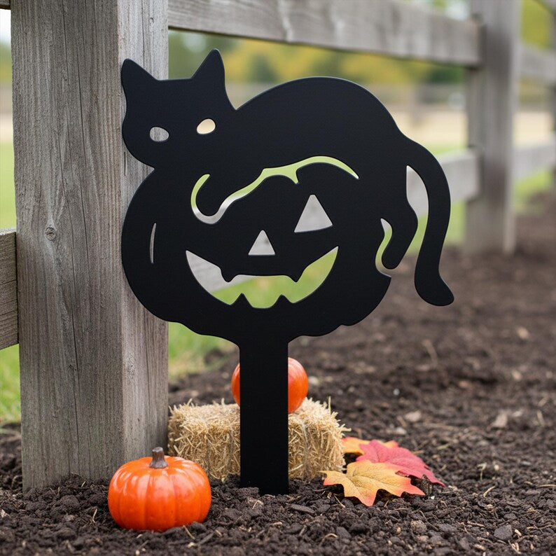Pieu de jardin Halloween chat et citrouille en métal, décoration extérieure silhouette, 25-70 cm