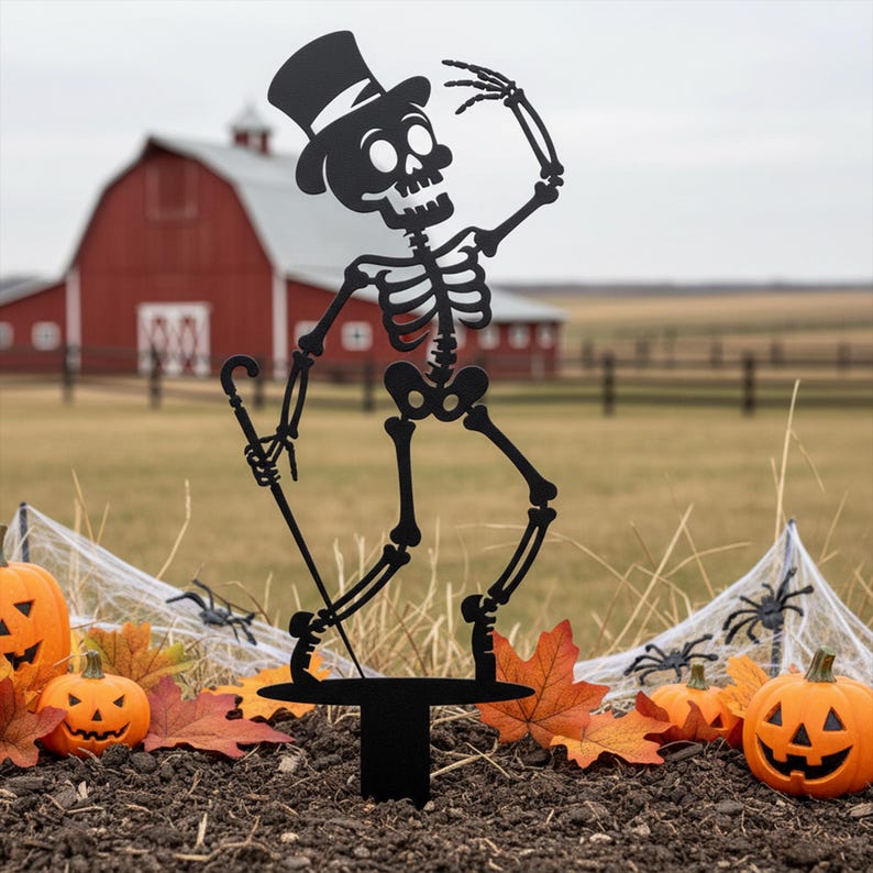 Piquet de jardin squelette dansant en métal, décoration extérieure Halloween, 10 tailles de 25 à 70 cm, finition résistante aux intempéries