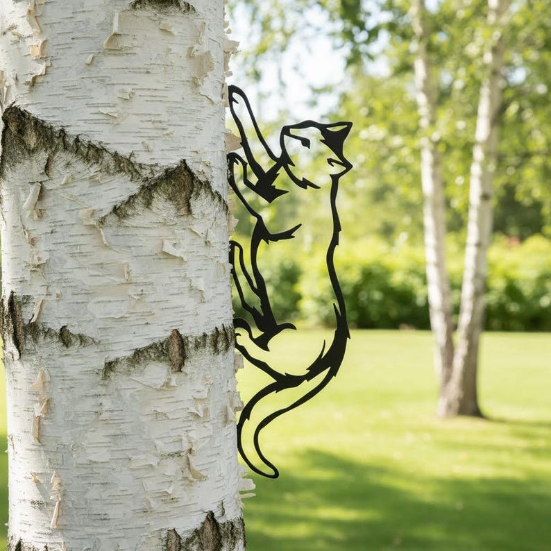 Chat Grimpant en Métal Décoration de Jardin pour Arbre et Clôture, Silhouette de Chat, Art de Clôture Extérieur pour Amoureux des Chats