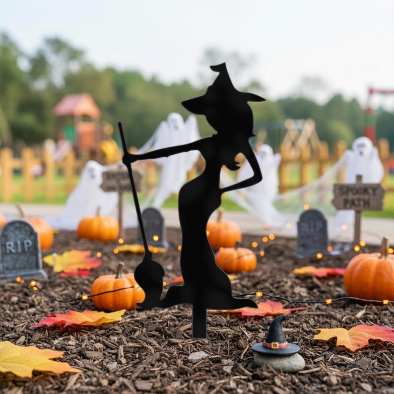 Silhouette de Sorcière Piquet de Jardin Résistant aux Intempéries avec Balai Décoration Halloween Extérieure