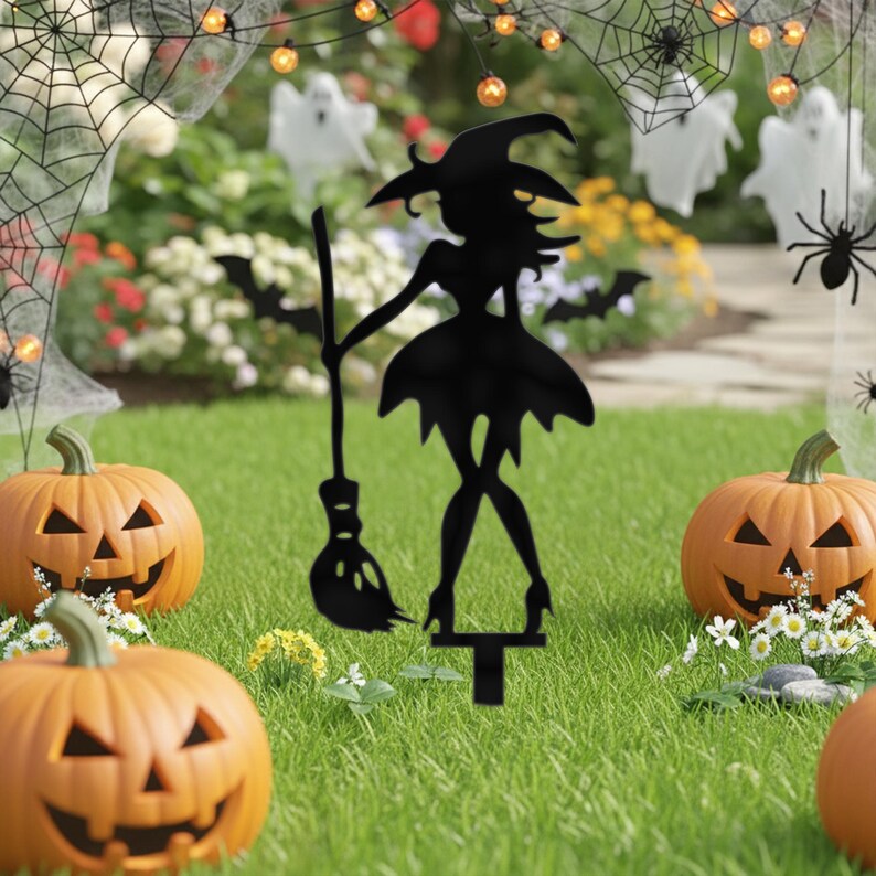 Silhouette de Sorcière Piquet de Jardin Résistant aux Intempéries avec Balai Décoration Halloween Extérieure