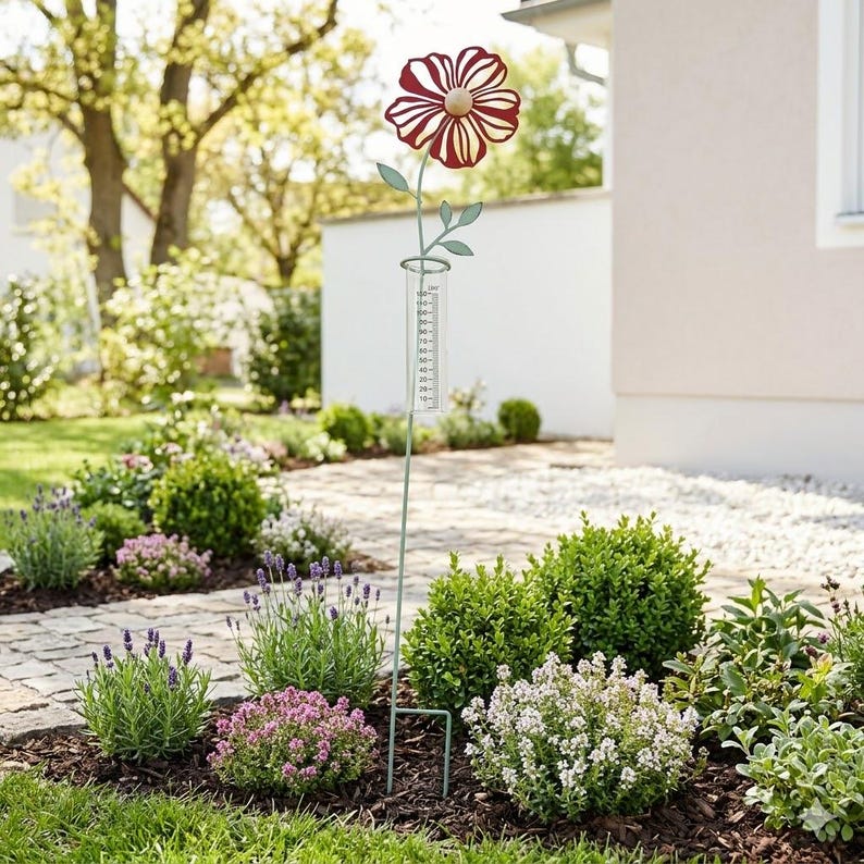 Pluviomètre décoratif Fleur rouge en métal et verre, 80 cm, avec échelle graduée