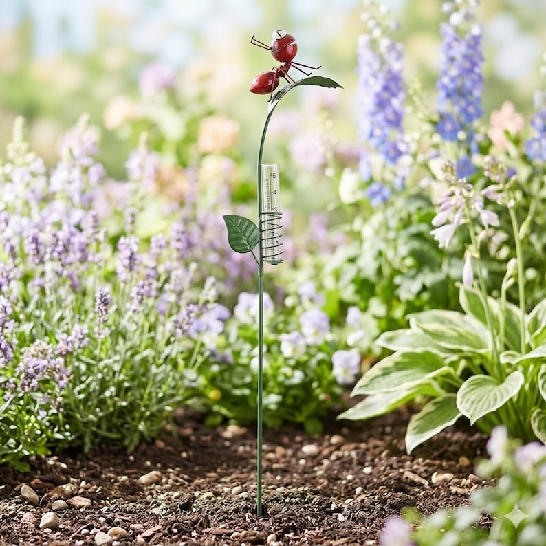 Pluviomètre de Jardin avec Piquet, Fourmi Rouge sur Feuille Verte, Métal Résistant aux Intempéries, Double Échelle