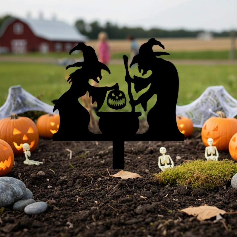 Pieu extérieur Halloween avec deux sorcières et chaudron, décoration de jardin en métal, silhouettes de sorcières, 25-70 cm