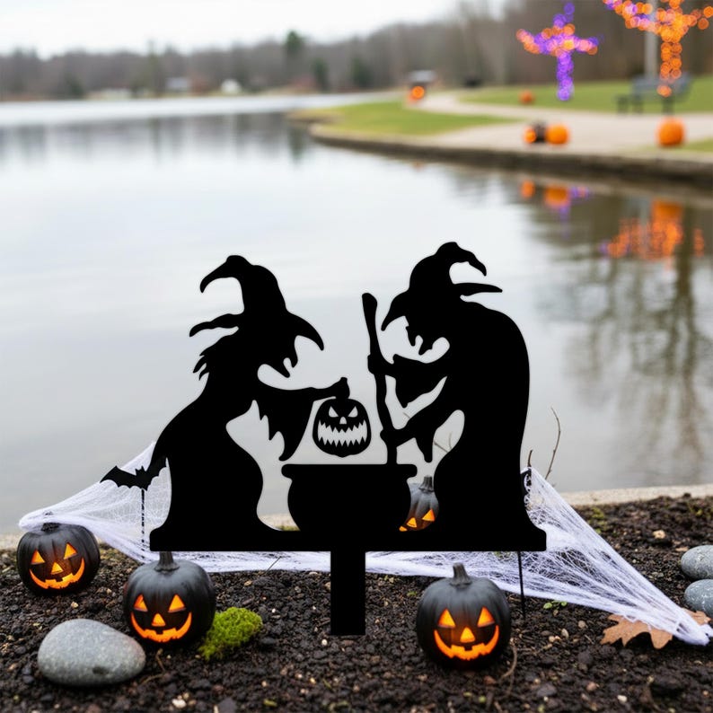 Pieu extérieur Halloween avec deux sorcières et chaudron, décoration de jardin en métal, silhouettes de sorcières, 25-70 cm