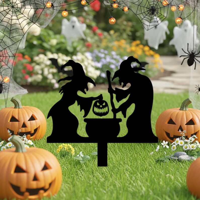 Pieu extérieur Halloween avec deux sorcières et chaudron, décoration de jardin en métal, silhouettes de sorcières, 25-70 cm