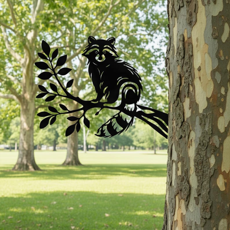 Raton laveur en métal sur branche, décoration de jardin, silhouette d'arbre pour tronc et clôture