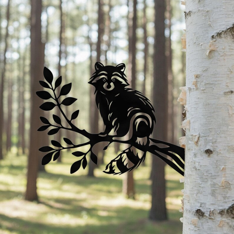 Raton laveur en métal sur branche, décoration de jardin, silhouette d'arbre pour tronc et clôture