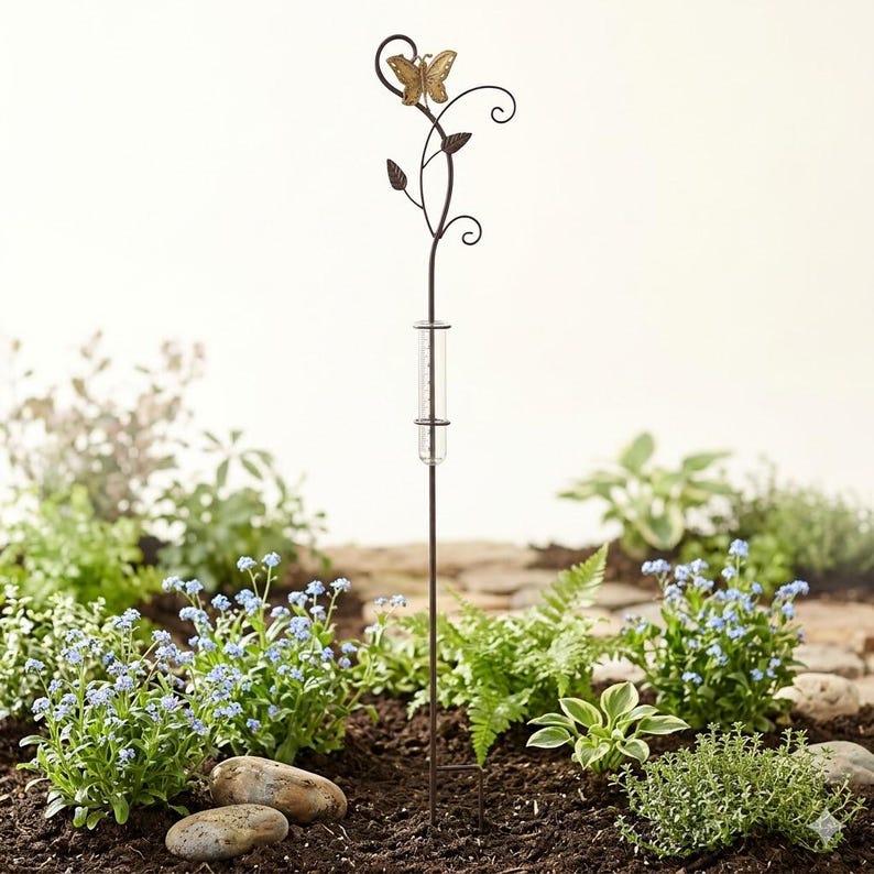 Pluviomètre décoratif en métal avec cylindre en verre gradué, pour jardin, fleurs et pelouse