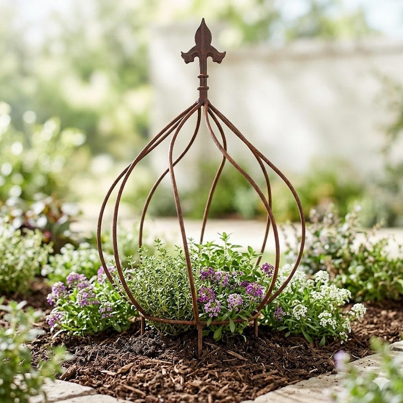 Treillis métallique décoratif en forme d'oignon, 95 cm, Rouille vintage, pour plantes grimpantes
