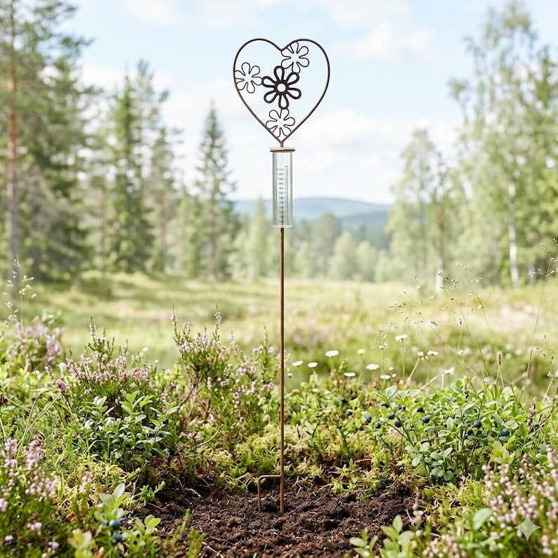 Pluviomètre avec Support Cœur en Métal Rouillé, Jauge de Pluie 10-120 l/m² pour Jardin