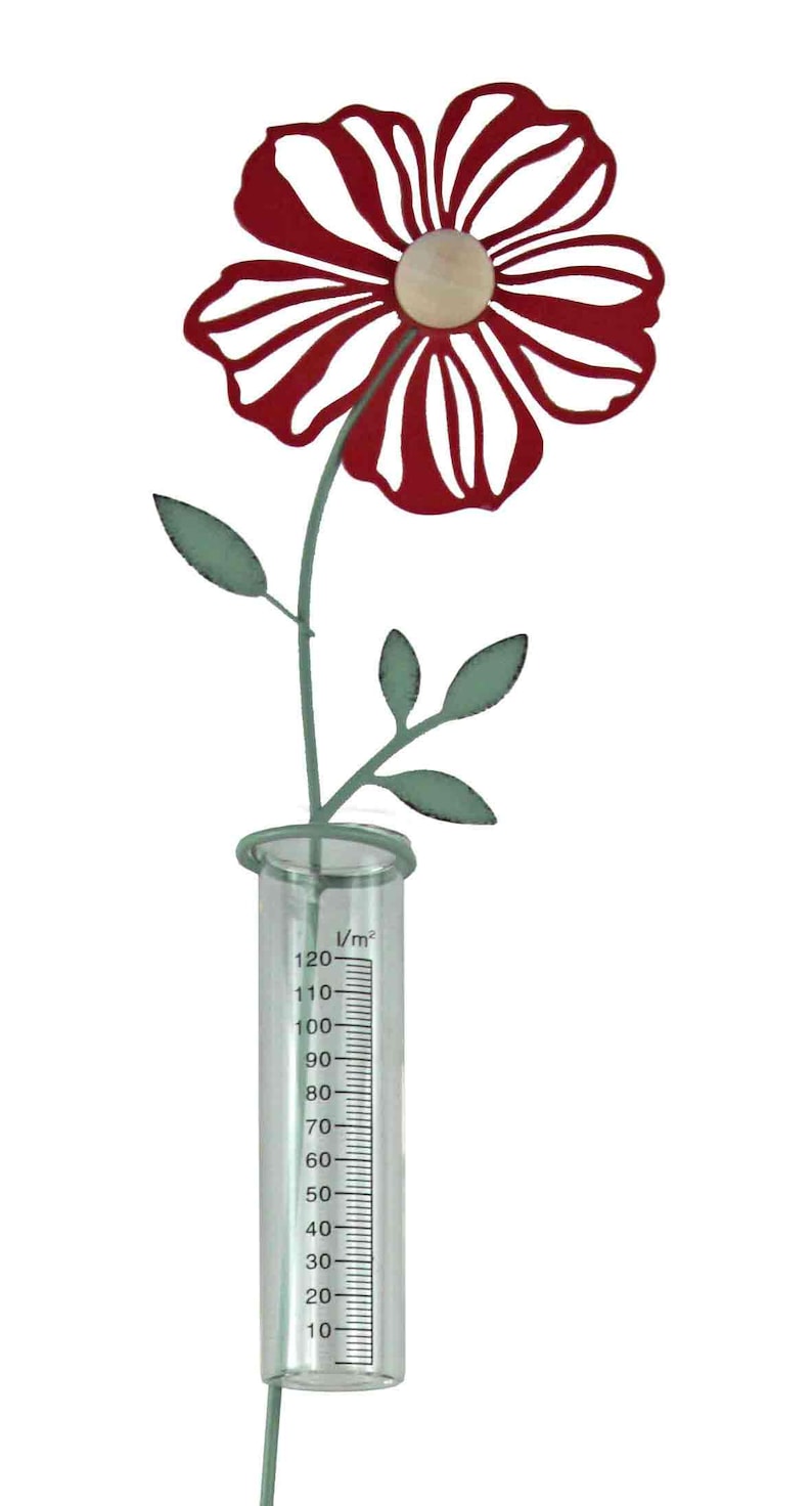 Pluviomètre décoratif Fleur rouge en métal et verre, 80 cm, avec échelle graduée
