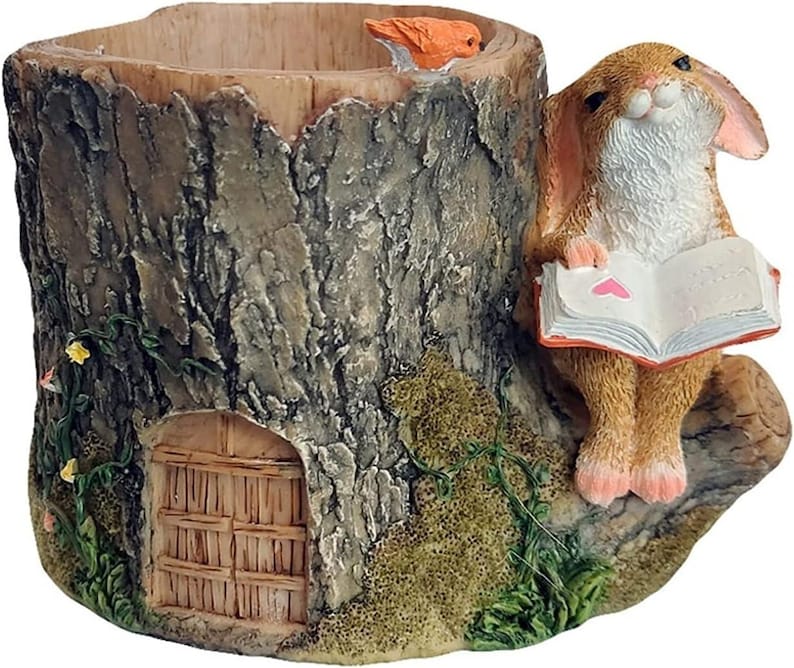 Pot de jardin féerique miniature en résine avec lapin lisant près d’une souche d’arbre, 5 x 3,5 x 3,8 po