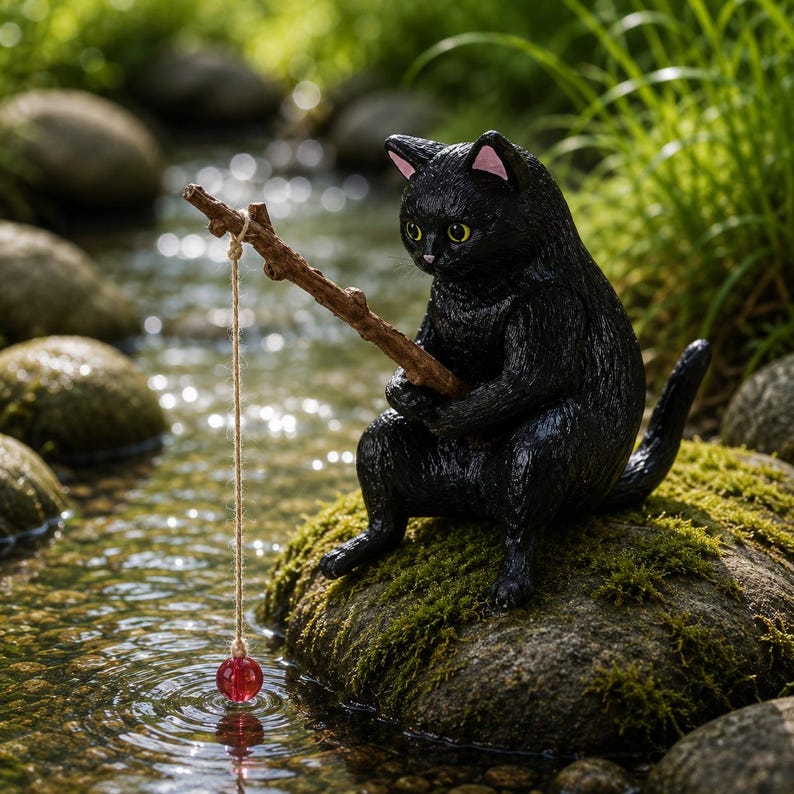 Figurine Chat Pêcheur en Résine, Ornement pour Aquarium et Terrarium, Décoration Kawaii pour Bureau et Jardin de Fées, Cadeau pour Amoureux des Chats, 5 cm