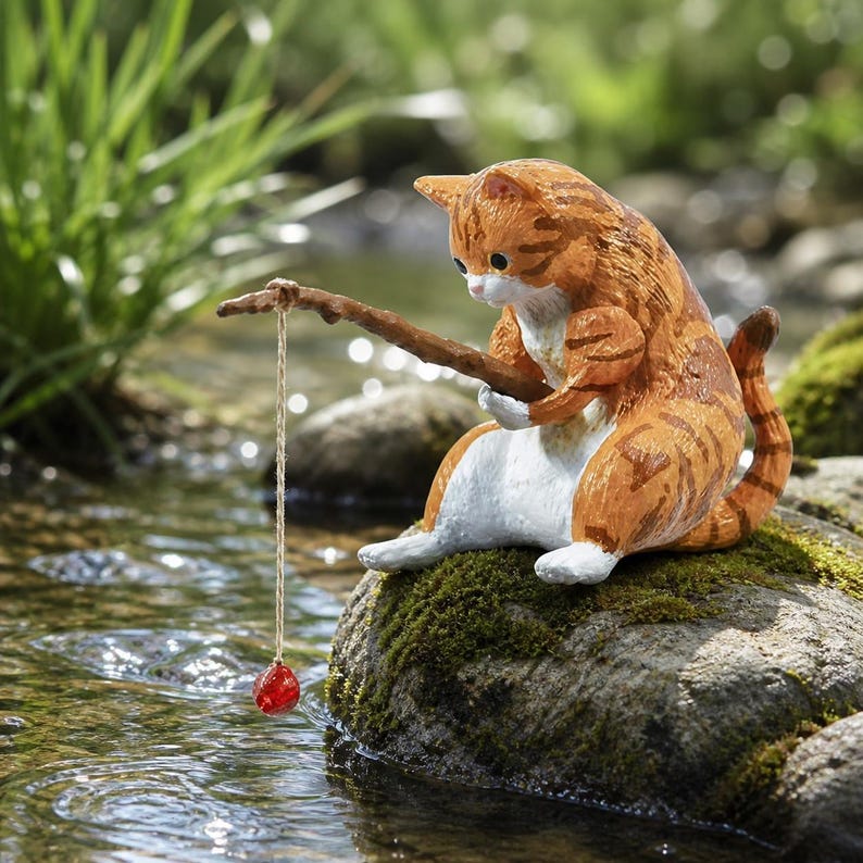Figurine Chat Pêcheur en Résine, Ornement pour Aquarium et Terrarium, Décoration Kawaii pour Bureau et Jardin de Fées, Cadeau pour Amoureux des Chats, 5 cm