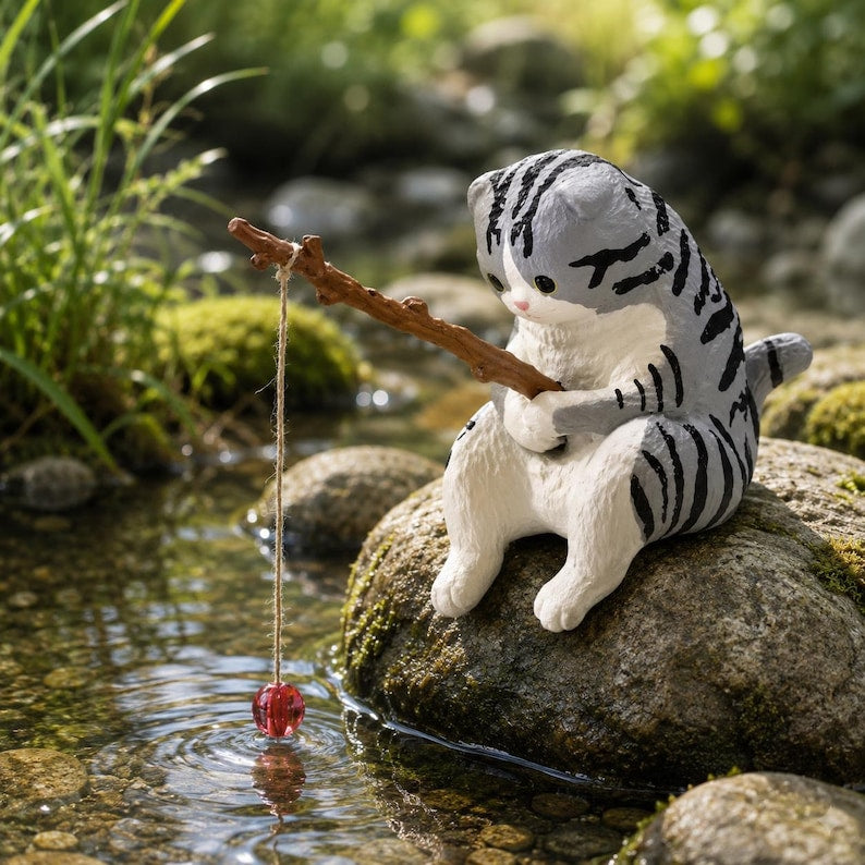 Figurine Chat Pêcheur en Résine, Ornement pour Aquarium et Terrarium, Décoration Kawaii pour Bureau et Jardin de Fées, Cadeau pour Amoureux des Chats, 5 cm